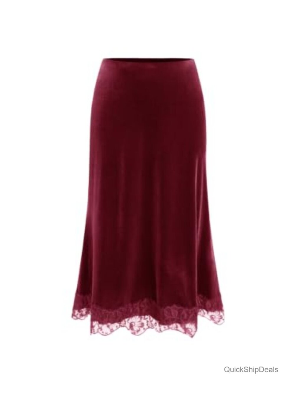 Velvet Midi Skirt Lace Hem A-Line Flowy Office Date Night